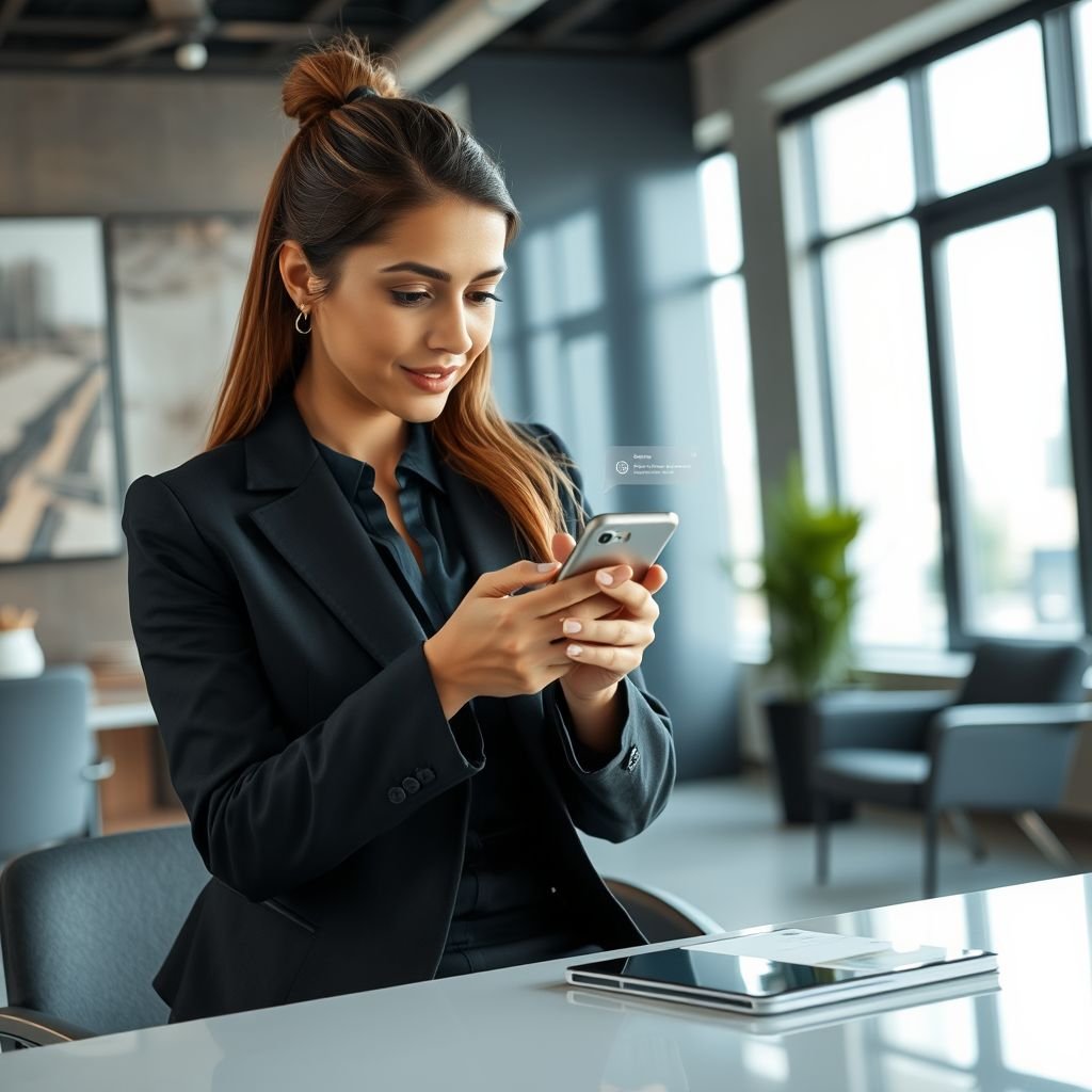 mockup design, Create a dynamic mockup video of a confident businesswoman in a stylish office, intently swiping through a sleek smartphone. The background showcases modern decor, with a glimpse of a city skyline through the window. Incorporate subtle animations to highlight notifications popping up on her screen, emphasizing engagement and productivity.