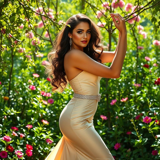 Nicole Perez, an elegant figure in a tailored formal gown, curls cascading like silk. Radiant accessories, shimmering belts accentuate her silhouette. Poised in a graceful dancing pose, a serene expression graces her face. Lush greenery envelops her, vibrant flowers dot the scene, sunlight filtering through branches, creating an ethereal ambiance.