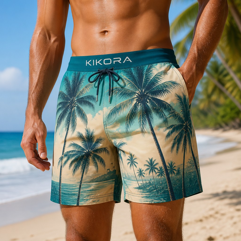 Create a realistic product mockup based on these instructions:
Design vibrant swim shorts for men, featuring an eye-catching palm tree pattern in tropical colors like teal and sandy beige. Incorporate the bold brand name "Kikora" on the waistband in stylish, modern typography. Ensure the shorts have a comfortable fit with breathable fabric, perfect for beach days and summer adventures.
Create a professional, photorealistic mockup scene. If the instructions mention a design,
artwork, logo, print or graphic, invent an original, fitting design and integrate it onto the
product realistically with proper perspective, lighting and material texture. Only show a clean,
undecorated product if the instructions explicitly ask for a blank or plain product.