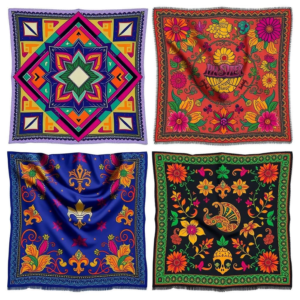 mockup design, Create a mockup design featuring four distinct silk scarves inspired by the Krewe of Hustlers. Each scarf should showcase vibrant colors and unique patterns: one with a bold geometric design, another with playful carnival motifs, the third featuring intricate floral elements, and the last adorned with iconic local symbols.
