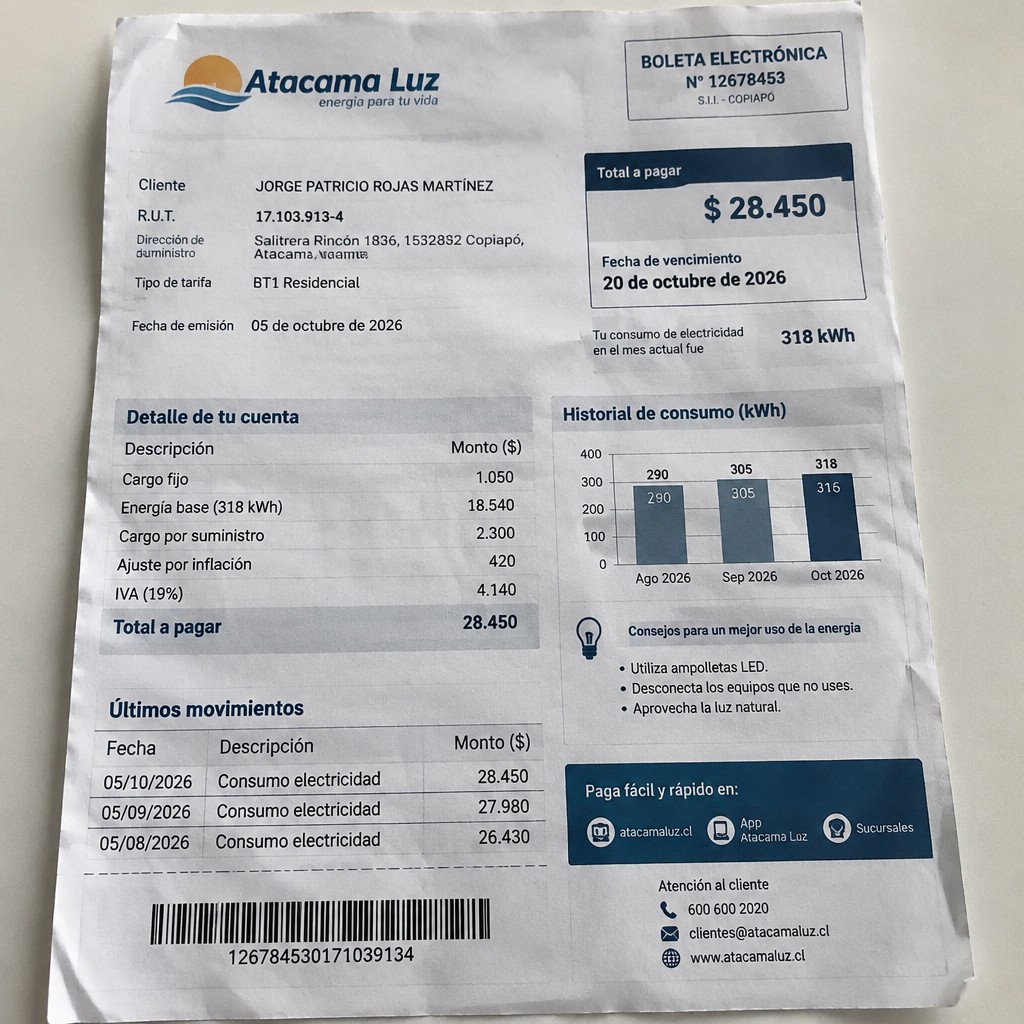 Create a statement, an electricity bill in CHILE. The A4 statement should be realistic, as if it were photographed on a phone. The document should be on a white background. The document must be for the last 3 months of October 2026. The document should contain several transactions and be wrinkled at the edges.
Name JORGE PATRICIO ROJAS MARTÍNEZ
Address Salitrera Rincón 1836, 1532832 Copiapó, Atacama
R.U.T. 17103913-4
Date of birth 24.04.1989