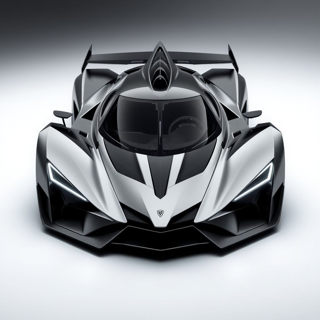 mockup design, Design an ultra-aggressive, aerodynamically refined hypercar that epitomizes raw performance. Picture a wide, low-slung chassis with sharp, angular lines reminiscent of a fighter jet. Features include a massive front splitter, deep air intakes, and razor-thin LED headlights for a predatory look. Constructed from carbon fiber, it has an intricate front fascia, towering rear wing for optimized downforce, a sleek single-seat cockpit visible through a panoramic canopy, and a striking central fin. The design suggests dominance on both racetracks and sci-fi landscapes, exuding an aura of speed and power. Perfectly blends futuristic elements with high-octane performance.