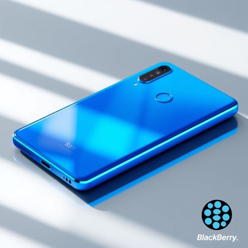 A sleek blue Huawei Lumia 950, glossy plastic exterior reflecting light, vibrant 6.0-inch screen showcasing vivid colors. The 32 MP camera positioned elegantly on the back, capturing details effortlessly. A robust 4500 mAh battery fills the frame, while the Blackberry OS logo subtly appears, hinting at advanced 5G connectivity within a budget-friendly package.