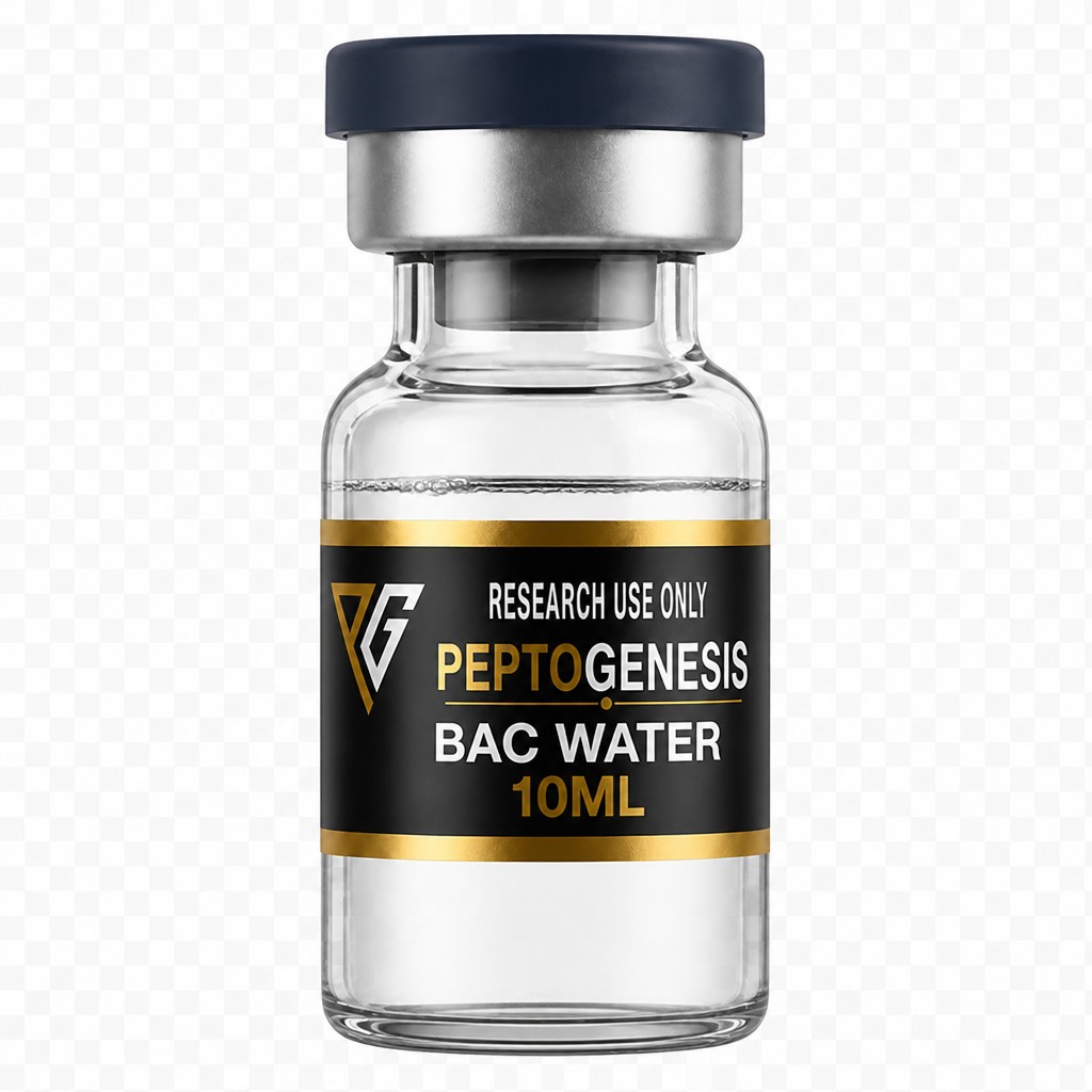Use the uploaded vial image as the locked style master. Keep the same cap color, stopper, glass style, lighting, reflections, label position, label wrap, metallic gold foil, and transparent background. Make this a larger 10 mL vial with realistic 10 mL bottle proportions so it is clearly bigger than the 3 mL vial, while still matching the same product line. Replace only the label with the uploaded BAC WATER 10ML label artwork and change the contents to clear liquid water with a realistic visible water line. Do not add powder or any extra objects. Do not change anything else.