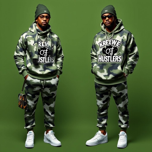 mockup design, Design a vibrant mockup featuring a stylish Black African American couple wearing a camouflaged jogger set and matching hoodie. Each piece is adorned with the Krewe Of Hustlers logo in black and white outlines. Include a coordinated camouflage scarf and beanie. Style the couple with trendy accessories like Timbs, hats, chains, and bags, finishing the look with sleek white Air Force Ones for a street-smart vibe.