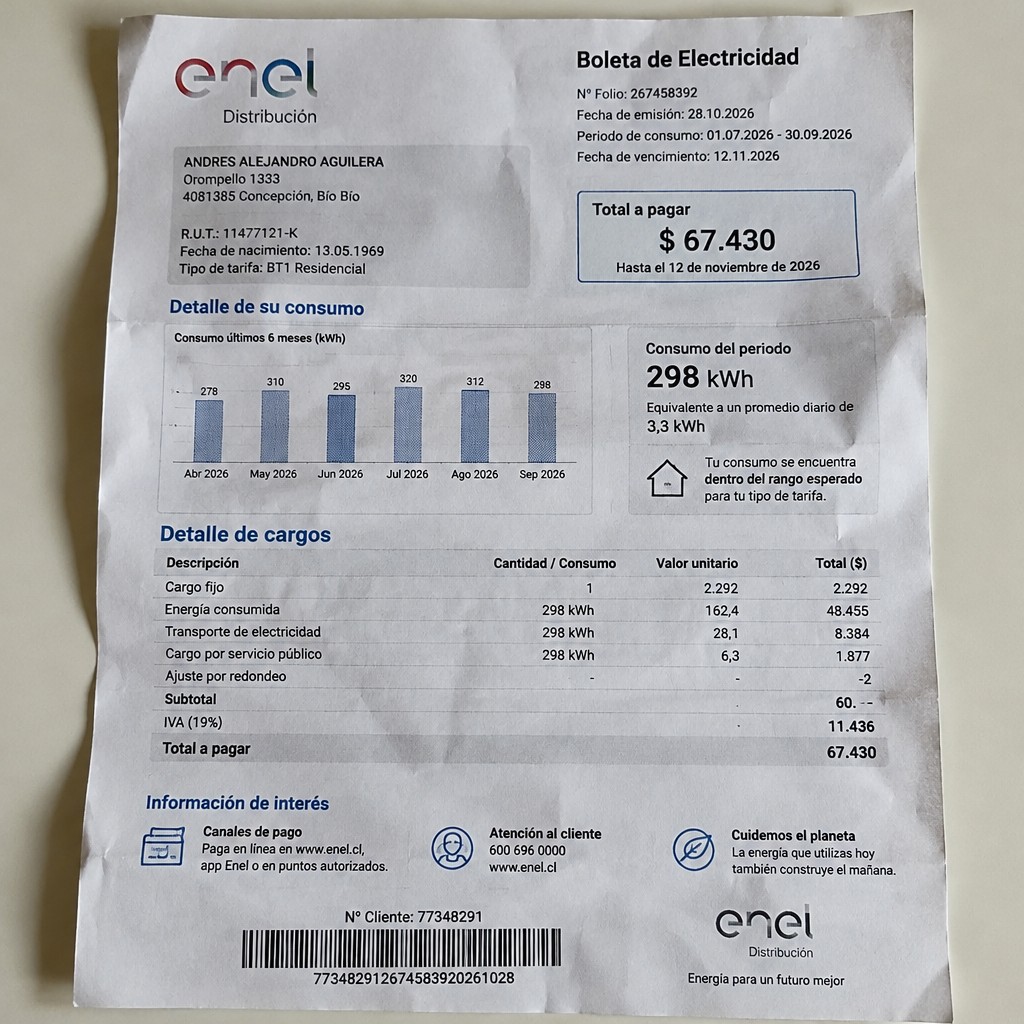 Create a statement, an electricity bill in CHILE. The A4 statement should be realistic, as if it were photographed on a phone. The document should be on a white background. The document must be for the last 3 months of October 2026. The document should contain several transactions and be wrinkled at the edges.
Name ANDRES ALEJANDRO AGUILERA
Address Orompello 1333, 4081385 Concepción, Bío Bío
R.U.T. 11477121-K
Date of birth 13.05.1969
Date of discharge 28.10.2026 (OCTOBER 2026)