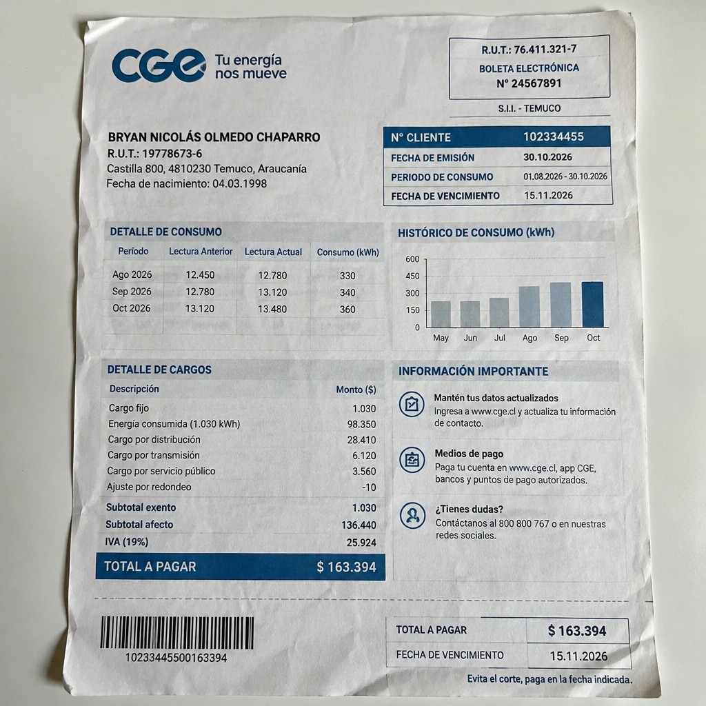 Create a statement, an electricity bill in CHILE. The A4 statement should be realistic, as if it were photographed on a phone. The document should be on a white background. The document must be for the last 3 months of October 2026. The document should contain several transactions and be wrinkled at the edges.
Name BRYAN NICOLÁS OLMEDO CHAPARRO
Address Castilla 800, 4810230 Temuco, Araucanía
R.U.T. 19778673-6
Date of birth 04.03.1998
Date of discharge 30.10.2026 (OCTOBER 2026)