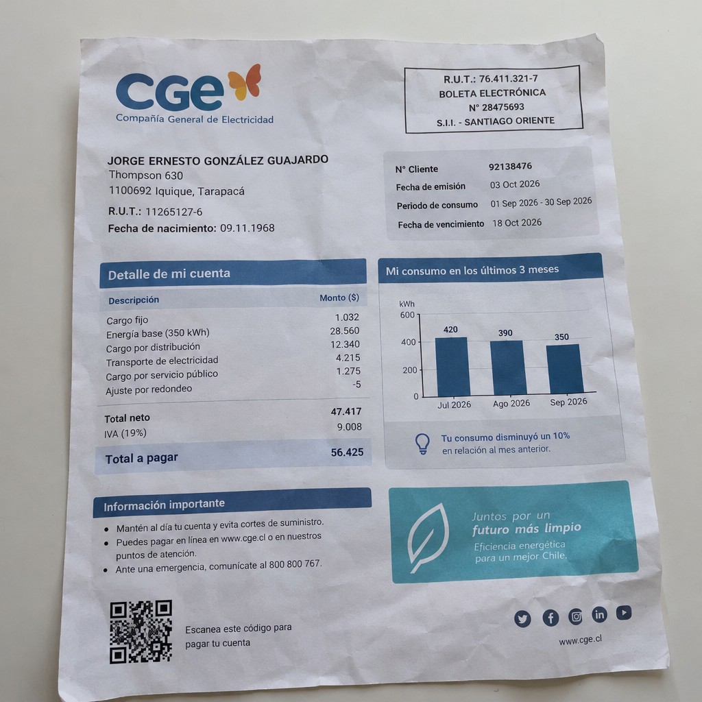 Create a statement, an electricity bill in CHILE. The A4 statement should be realistic, as if it were photographed on a phone. The document should be on a white background. The document must be for the last 3 months of October 2026. The document should contain several transactions and be wrinkled at the edges.
Name JORGE ERNESTO GONZÁLEZ GUAJARDO
Address Thompson 630, 1100692 Iquique, Tarapacá
R.U.T. 11265127-6
Date of birth 09.11.1968