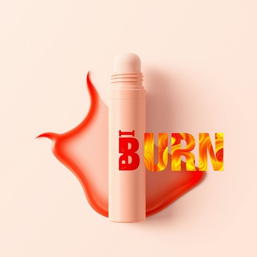 mockup design, Create a striking cosmetic packaging mockup featuring a cylindrical tube in a soft peach hue. The top should showcase a sponge applicator for easy use. Envision bold red flames climbing halfway up the tube, symbolizing intensity. Prominently display the daring text "BURN" in vibrant red, exuding confidence and allure.