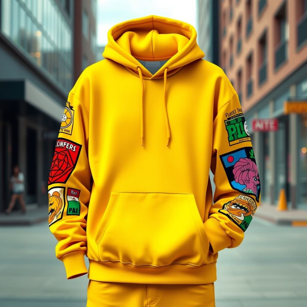 mockup design, Create a stylish hoodie featuring oversized patches on both sleeves, showcasing a mix of colorful designs, including geometric patterns and pop culture references. The hoodie should have a relaxed fit, drawstring hood, and kangaroo pocket, all in a soft fabric. Display it in an urban setting, emphasizing street fashion vibes.