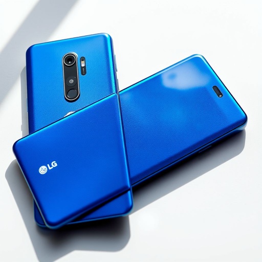A sleek LG smartphone, Lumia 950 model, adorned in a vibrant blue hue. Carbon fiber texture glimmers under soft light. A generous 6.0-inch screen, vivid and inviting. A powerful 50 MP camera statement, capturing stunning details. Robust 4500 mAh battery nestled within. Affordable elegance under $200, with cutting-edge 5G features.