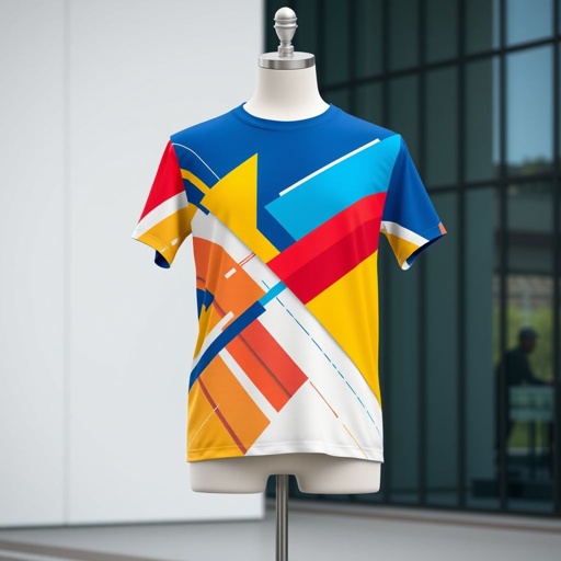 mockup design, Create a mockup design for a vibrant t-shirt featuring a bold, abstract geometric pattern in a color palette of blues, yellows, and reds. The design should evoke a sense of creativity and energy, suitable for casual wear. Showcase the t-shirt on a mannequin against a minimalistic urban background.