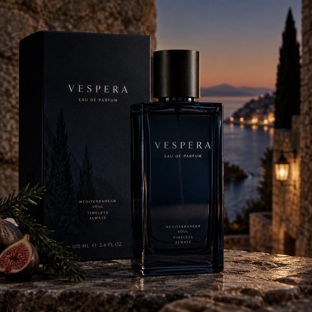 Create a photorealistic luxury perfume bottle design for a new unisex fragrance called “VESPERA”.
The fragrance represents the Mediterranean in autumn at dusk: elegant, mysterious, sensual, melancholic and timeless. Imagine walking through an old Mediterranean coastal town in October just after sunset, with the sea nearby, cool evening air, warm stone, cypress trees and a subtle feeling of nostalgia.
The bottle should be tall and rectangular, with refined proportions and slightly softened edges. Use deep midnight-blue glass, almost black in certain lighting, with a subtle translucent quality. The bottle should feel heavy, premium and sophisticated.
Minimalist design: no palm trees, no obvious waves, no excessive ornaments and no cliché Mediterranean imagery.
The cap should be minimalist, solid and elegant, preferably matte black or dark metallic. The typography should be extremely refined and discreet, with “VESPERA” clearly visible on the front in elegant silver or muted metallic lettering.
The overall aesthetic should feel like a niche European fragrance brand: understated luxury, masculine but completely unisex, sophisticated rather than flashy.
Fragrance composition:
Top notes: bergamot, bitter mandarin, subtle marine accord and a very delicate touch of cypress.
Heart notes: fig, iris, lavender and cypress.
Base notes: cedarwood, amber, vetiver, tonka bean and soft musk.
The musk should be noticeable but elegant and clean, creating a sensual skin-like warmth rather than an overly animalic effect.
The visual mood should combine Mediterranean warmth with autumn melancholy: deep blue evening sky, fading golden light, cool air and warm stone.
Create a high-end professional perfume product photograph, realistic glass reflections, realistic materials, luxury studio lighting, dark sophisticated background, editorial fragrance campaign aesthetic, premium niche perfumery, photorealistic, extremely detailed.