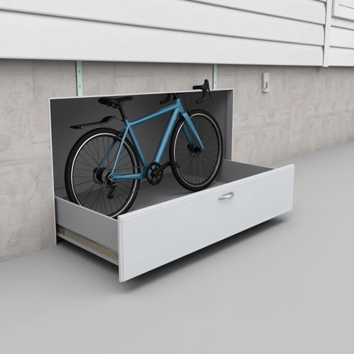 mockup design, Design a sleek, innovative under-house storage drawer specifically for bicycles. The drawer features a weather-resistant exterior, easy-slide mechanism, and integrated locking system for security. Emphasize a minimalist aesthetic with subtle colors to blend seamlessly with the home’s architecture, ensuring functionality meets style while providing convenient bike storage.