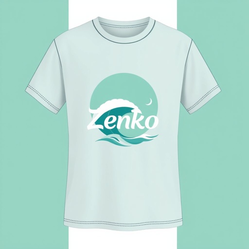 mockup design, Créez un mockup de t-shirt moderne et tendance portant le nom "~Zenko~". Optez pour une palette de couleurs zen, comme des nuances de bleu et de vert doux. Intégrez un design minimaliste, avec des motifs de vagues ou de paysages apaisants, évoquant la sérénité et un style de vie chill.