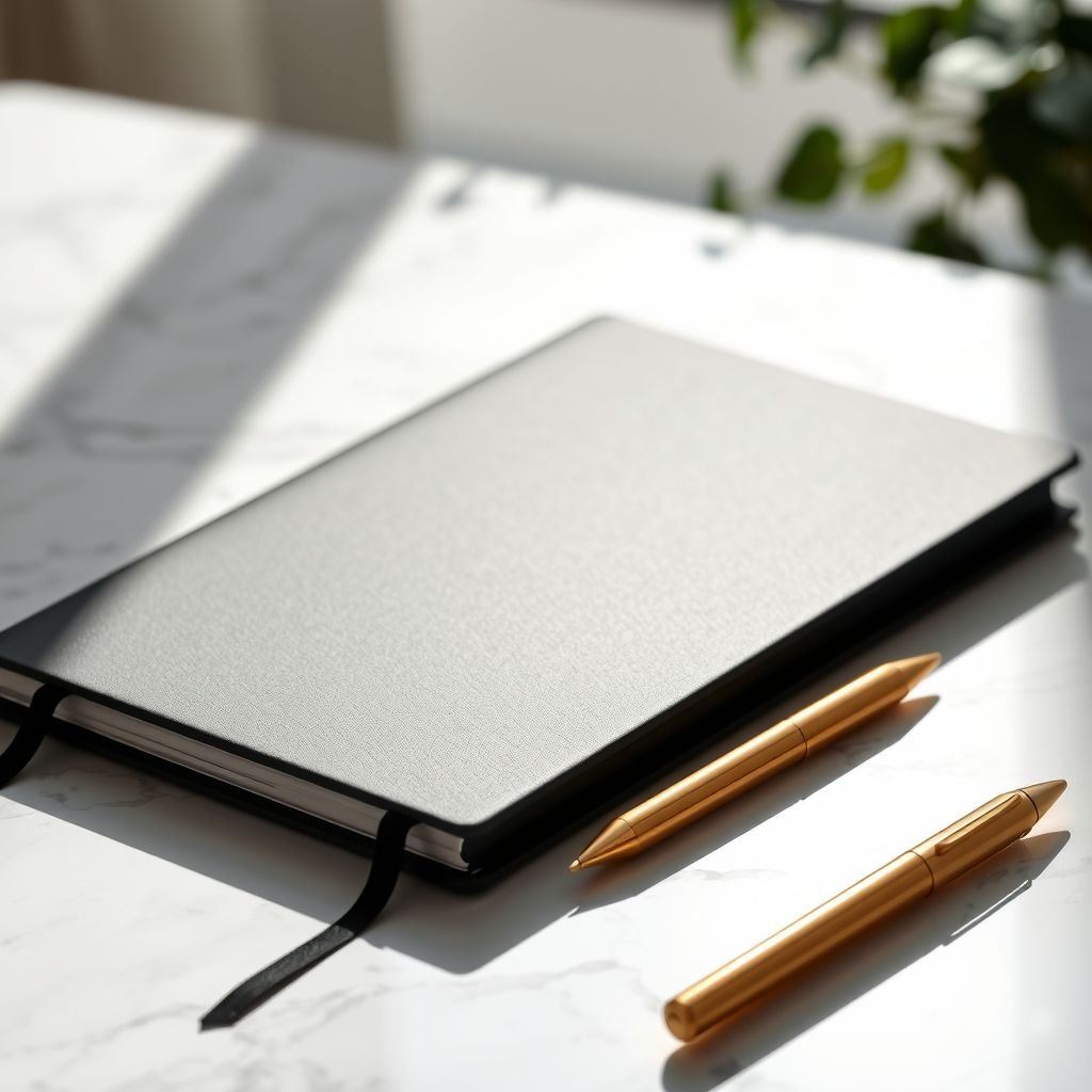 mockup design, A sleek black notebook, elegantly closed and placed flat on a polished marble counter, showcases its matte finish. Surrounding it are two luxurious gold pens, their shimmering surfaces catching the light. Delicate shadows enhance the scene, while a subtle hint of greenery in the background adds a touch of serenity.