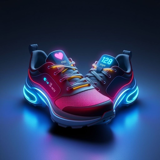 mockup design, Create a sleek, futuristic mockup design of animated smart shoes featuring advanced health-monitoring technology. The shoes should display a vibrant digital interface showcasing real-time metrics like heart rate, steps, and calories burned. Use dynamic visuals to illustrate motion, with glowing LEDs and responsive animations that highlight their innovative features in action.