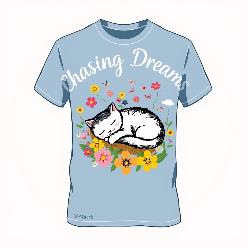 mockup design, Design a vibrant T-shirt featuring a whimsical, hand-drawn illustration of a sleeping cat nestled among colorful flowers. The background should be a soft pastel gradient, enhancing the cozy feel. Incorporate playful typography with the phrase "Chasing Dreams" in a curved layout above the cat, using a bold, eye-catching font.