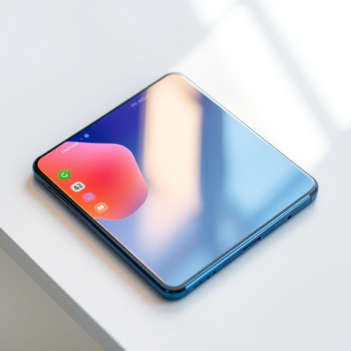 A sleek, metallic blue Galaxy S21 smartphone resting on a minimalist white surface. The 6.1-inch screen gleams under soft lighting, showcasing vibrant app icons. The 64 MP camera lens, a focal point on the back, reflects a touch of sophistication. 5G symbol subtly illuminated, hinting at modern connectivity.