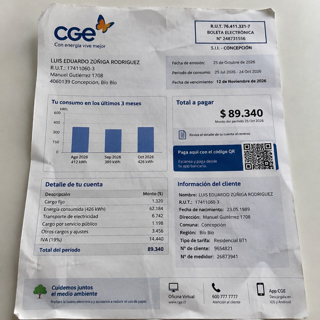 Create a statement, an electricity bill in CHILE. The A4 statement should be realistic, as if it were photographed on a phone. The document should be on a white background. The document must be for the last 3 months of October 2026. The document should contain several transactions and be wrinkled at the edges.
Name LUIS EDUARDO ZÚÑIGA RODRIGUEZ
Address Manuel Gutiérrez 1708, 4060139 Concepción, Bío Bío
R.U.T. 17411060-3
Date of birth 23.05.1989
Date of discharge 25.10.2026 (OCTOBER 2026)