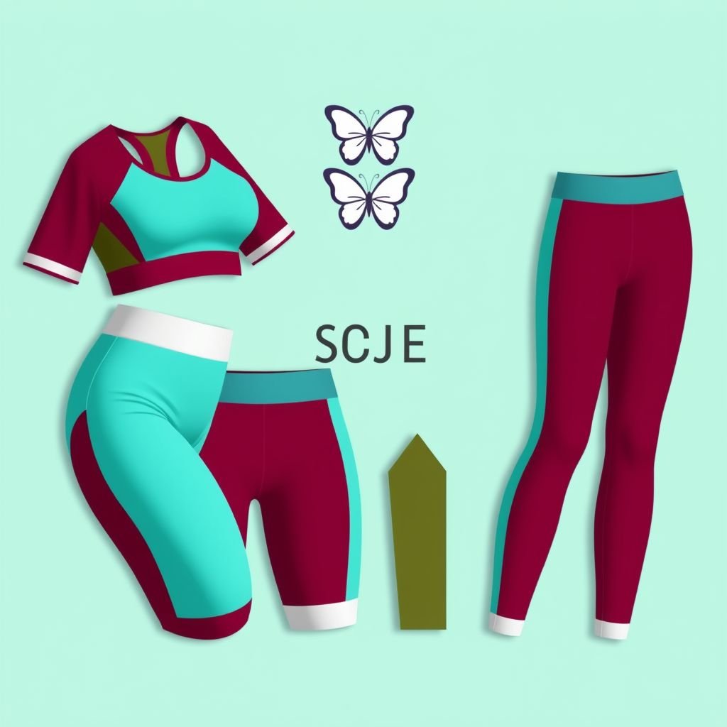 mockup design, Design a vibrant gym/fitness set that merges sporty and cute aesthetics, perfect for making a statement. Incorporate bold colors like turquoise, burgundy, and olive green. Feature stylish crop tops paired with larger shorts and long leggings. Ensure the waistbands and leg hems stay in place, with a special design to aid fat burning. Highlight a lighter-toned waist and bottom hem for contrast. The logo, creatively styled with your initials "SCJE" alongside a playful butterfly motif, adds a fun touch. This collection embodies confidence, comfort, and a flair for fashion, appealing to fitness enthusiasts with an eye for style.