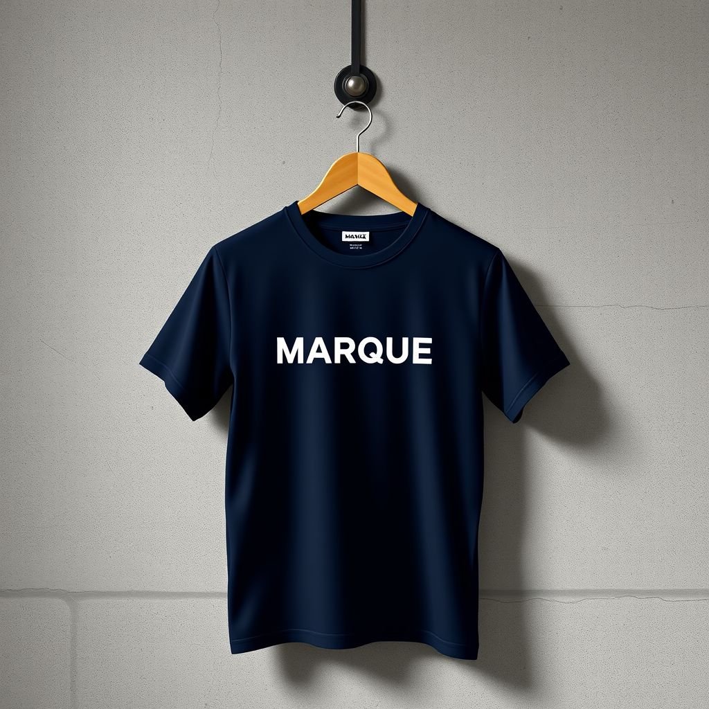 mockup design, Design a stylish mockup for a trendy marque t-shirt featuring a bold, minimalist logo centered on the chest. The shirt is in a rich navy blue, crafted from a soft, organic cotton blend. Showcase it on a wooden hanger against a textured concrete wall for a modern, urban vibe.