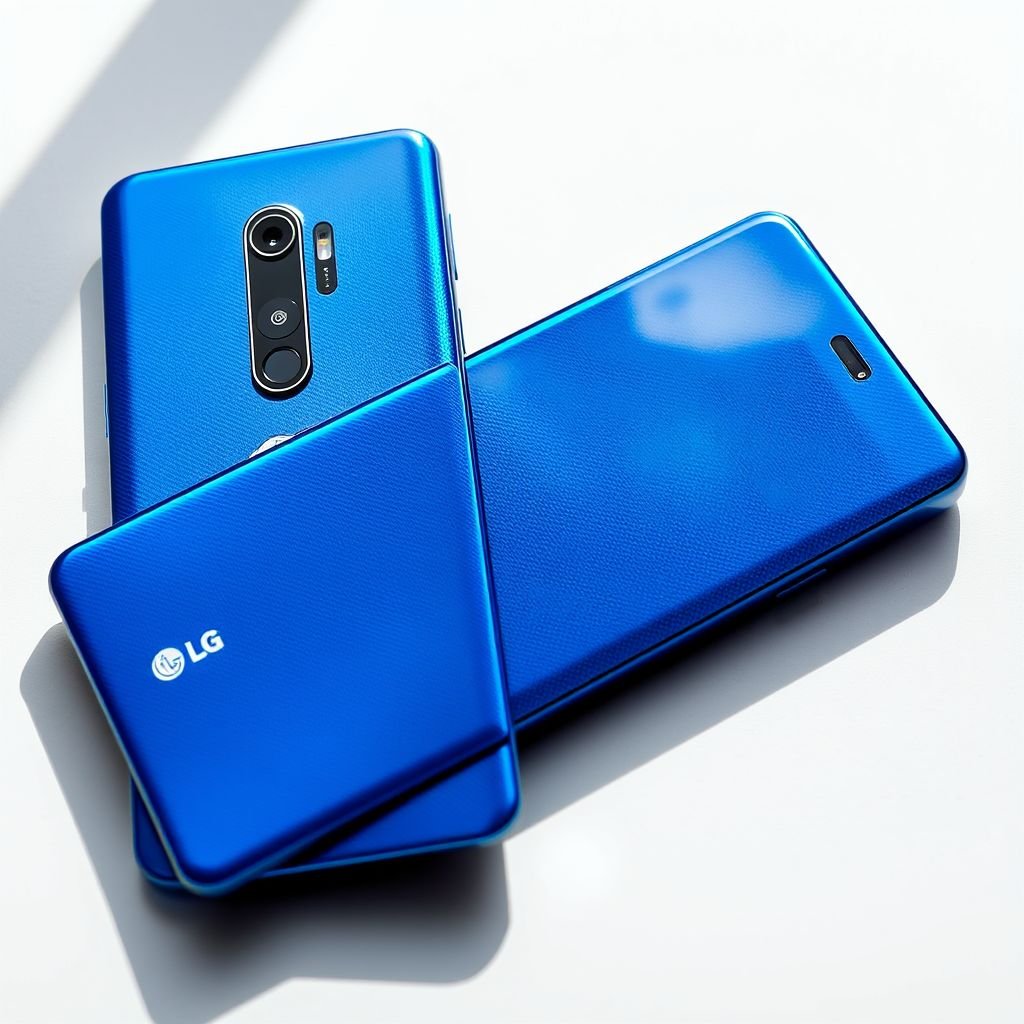 A sleek LG smartphone, Lumia 950 model, adorned in a vibrant blue hue. Carbon fiber texture glimmers under soft light. A generous 6.0-inch screen, vivid and inviting. A powerful 50 MP camera statement, capturing stunning details. Robust 4500 mAh battery nestled within. Affordable elegance under $200, with cutting-edge 5G features.