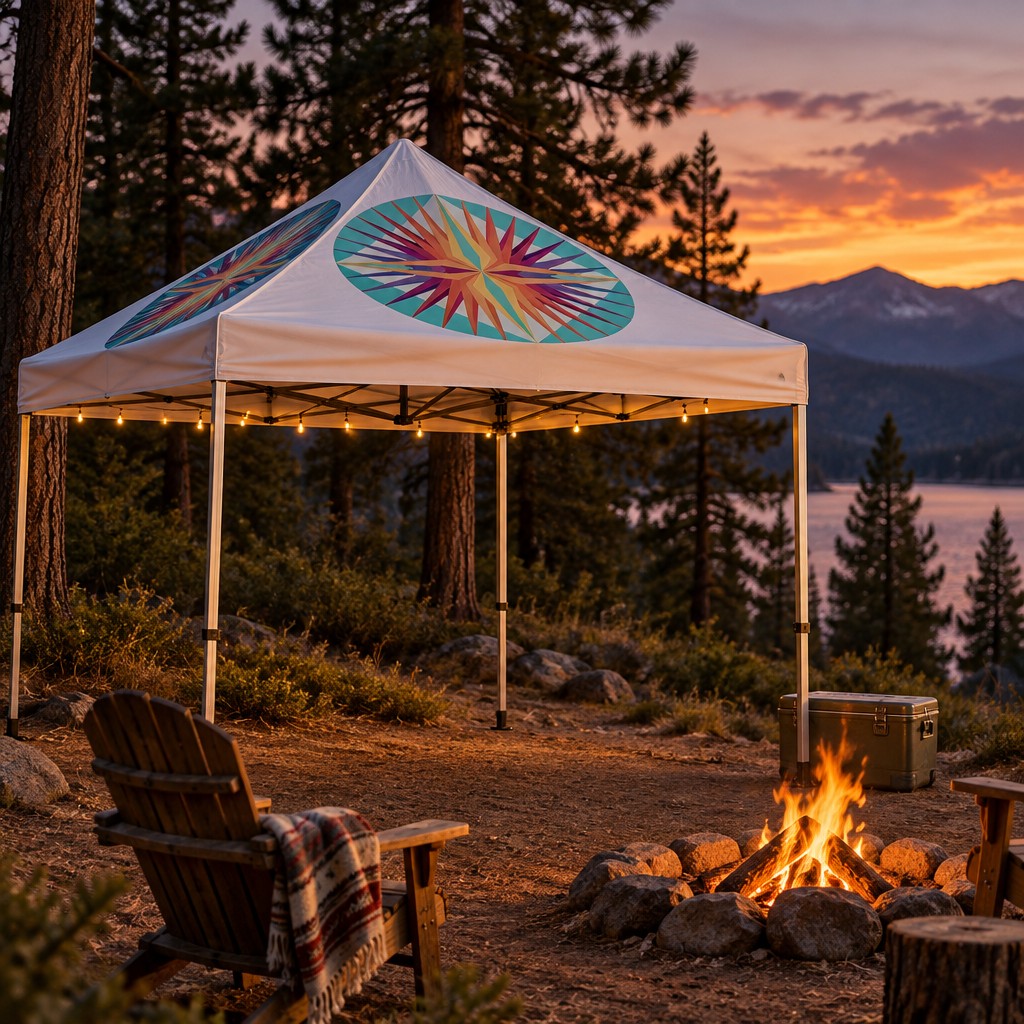 A pitched tent nestled in a pine forest clearing at dusk with a small campfire glowing nearby, fabric catching warm flickering light, featuring a tasteful sample brand design on the rainfly, shot at a wide three-quarter angle, no watermarks, no text overlays
