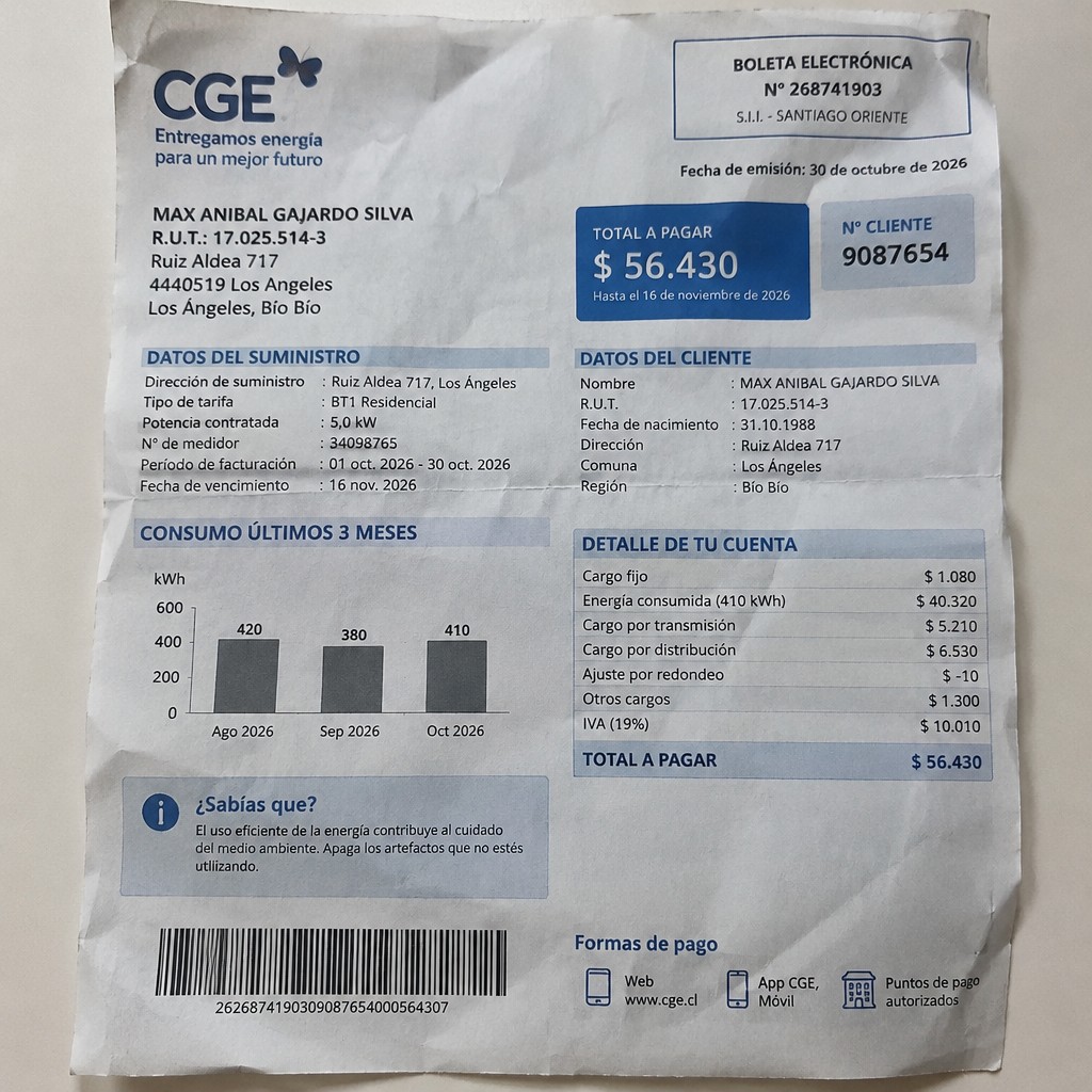 Create a statement, an electricity bill in CHILE. The A4 statement should be realistic, as if it were photographed on a phone. The document should be on a white background. The document must be for the last 3 months of October 2026. The document should contain several transactions and be wrinkled at the edges.
Name MAX ANIBAL GAJARDO SILVA
Address Ruiz Aldea 717, 4440519 Los Angeles, Los Ángeles, Bío Bío
R.U.T. 17025514-3
Date of birth 31.10.1988
Date of discharge 30.10.2026 (OCTOBER 2026)