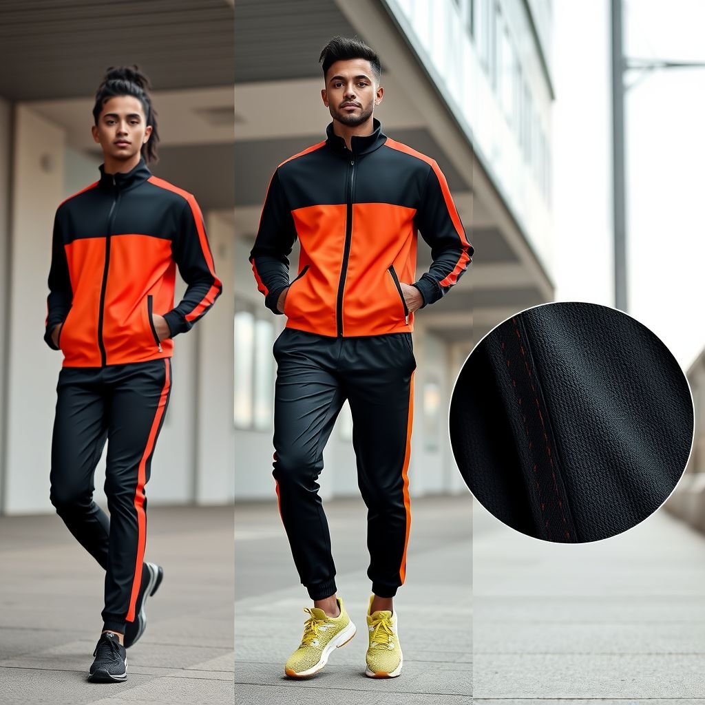 mockup design, Design a modern tracksuit mockup featuring a sleek, athletic silhouette. Use a blend of vibrant colors and breathable fabrics, incorporating reflective accents for visibility. Showcase the tracksuit on a diverse model in an urban setting, capturing dynamic movement. Include close-up details of stitching and fabric textures to highlight quality.