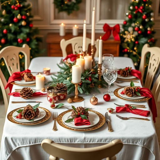 mockup design, Design a festive Christmas-themed table setting, featuring a pristine white tablecloth adorned with red and gold accents. Include intricate pinecone centerpieces, flickering candle arrangements, and elegant dinnerware decorated with holly. Scatter faux snowflakes and add small ornaments for a whimsical touch, creating a warm and inviting holiday atmosphere perfect for gatherings.