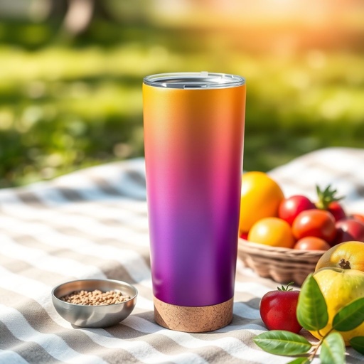 mockup design, Create a sleek 20-ounce tumbler mockup featuring an insulated stainless steel design. Showcase a vibrant gradient color palette with a matte finish. Add a customizable cork bottom for grip and a sip-through lid. Include a subtle logo placement and display it in an outdoor picnic setting with fresh fruits and sunlight.