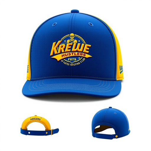 mockup design, Design a stylish baseball cap for the brand "Krewe Of Hustlers." Incorporate a bold, embroidered logo featuring a dynamic hustle-themed graphic. Use a vibrant color palette of royal blue and gold. Add adjustable straps and eyelets for ventilation, positioned against a sleek, modern cap silhouette that embodies ambition and determination.