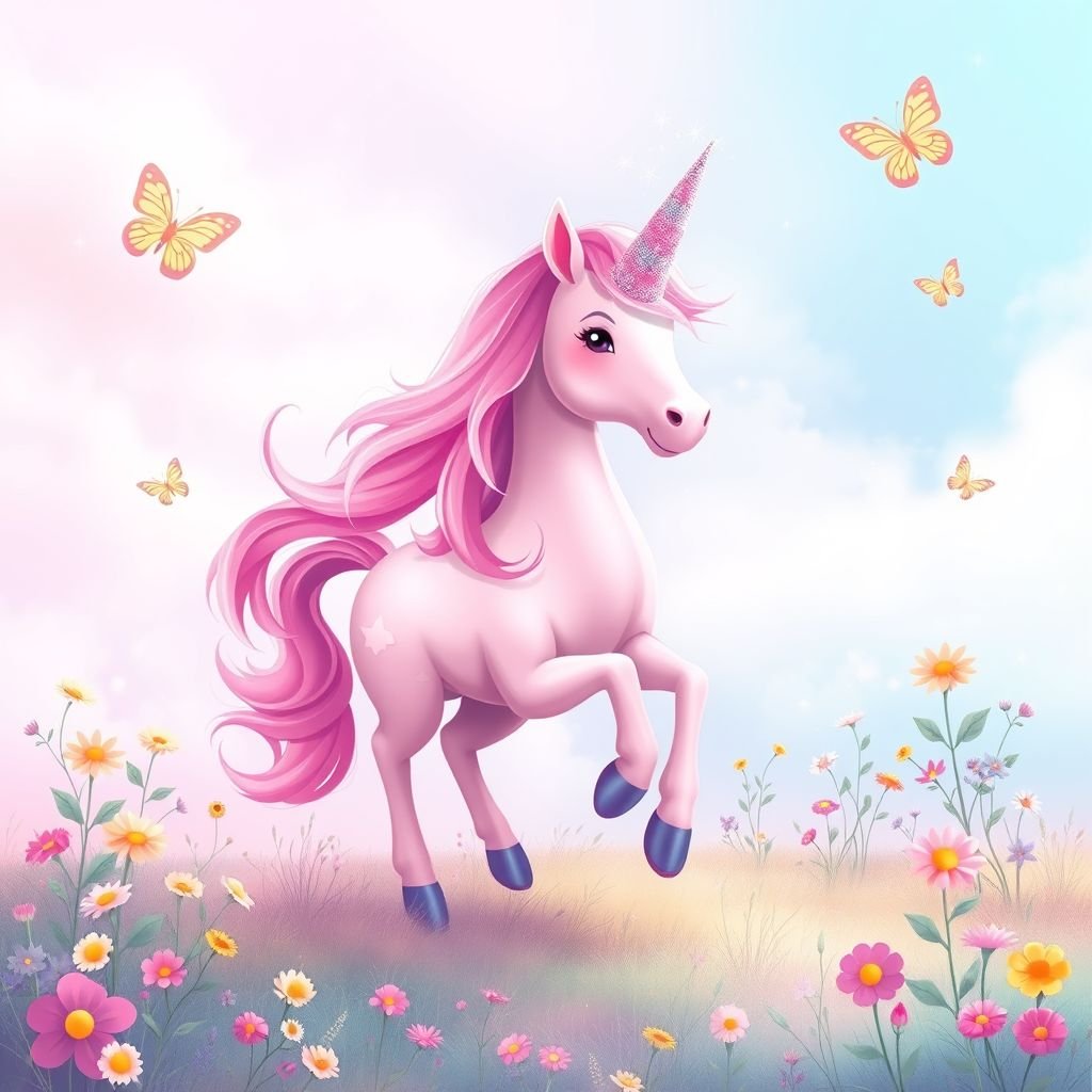 mockup design, Design a vibrant mockup featuring a whimsical pink unicorn prancing through a dreamy landscape. The unicorn, with flowing iridescent mane and sparkling horn, is surrounded by fluttering butterflies and colorful flowers. A soft pastel sky enhances the scene, creating an enchanting atmosphere perfect for children's illustrations or fantasy-themed products.