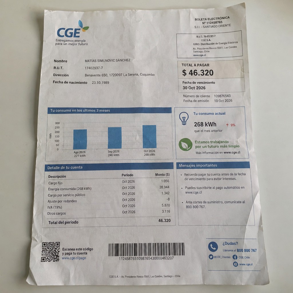 Create a statement, an electricity bill in CHILE. The A4 statement should be realistic, as if it were photographed on a phone. The document should be on a white background. The document must be for the last 3 months of October 2026. The document should contain several transactions and be wrinkled at the edges.
Name MATÍAS SIMUNOVIC SÁNCHEZ
Address Benavente 650, 1720097 La Serena, Coquimbo
R.U.T. 17402937-7
Date of birth 23.10.1989