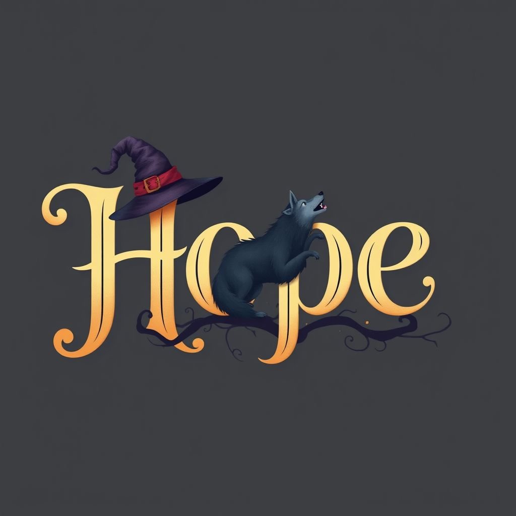 mockup design, Create a whimsical mockup design featuring the name "Hope" in elegant, flowing typography. Incorporate a witch hat resting playfully atop the letter 'H', a mystical wolf howling beneath the text, and subtle vampire fangs peeking out from the end of the 'e', blending fantasy elements into a cohesive, enchanting theme.