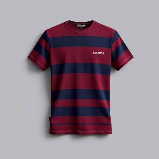 mockup design, Design a mockup of a vertical striped t-shirt in a rich burgundy color complemented by dark blue stripes. The shirt features a modern, minimalist logo of the brand name "Eskaros" elegantly placed on the left chest area. Showcase the fabric texture and fit to highlight its casual yet stylish nature.