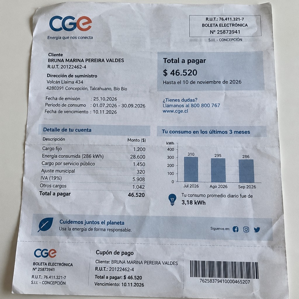 Create a statement, an electricity bill in CHILE. The A4 statement should be realistic, as if it were photographed on a phone. The document should be on a white background. The document must be for the last 3 months of October 2026. The document should contain several transactions and be wrinkled at the edges.
Name BRUNA MARINA PEREIRA VALDES
Address Volcán Llaima 434, 4280391 Concepción, Talcahuano, Bío Bío
R.U.T. 20122462-4
Date of birth 06.04.1999
Date of discharge 25.10.2026 (OCTOBER 2026)