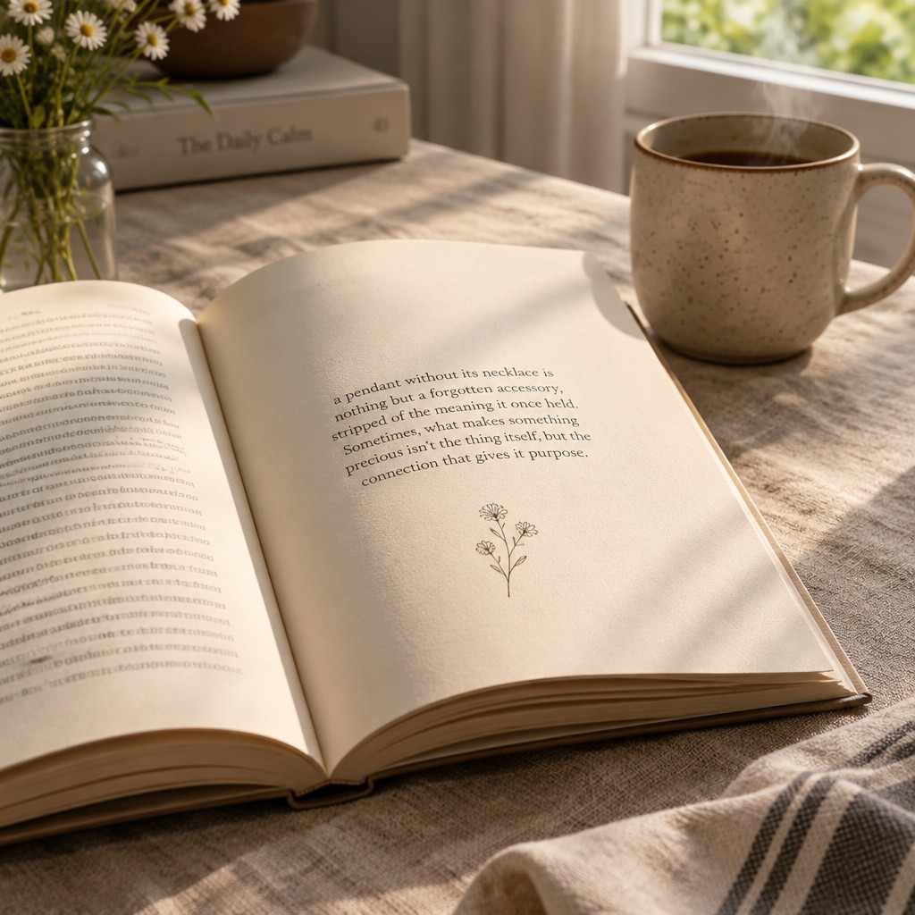 An open book with pages gently curling upward resting on a linen tablecloth beside a steaming mug, soft morning light from a nearby window, no watermarks, in small letters “ a pendant without its necklace is nothing but a forgotten accessory, stripped of the meaning it once held. Sometimes, what makes something precious isn't the thing itself, but the connection that gives it purpose.”