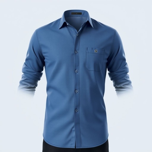 mockup design, Design a mockup of a stylish blue shirt, featuring a modern slim-fit silhouette. The fabric should have a subtle texture, with rolled-up sleeves and a button-down collar. Showcase the shirt against a minimalist backdrop, emphasizing its versatility for both casual and formal occasions. Include subtle branding on the pocket.