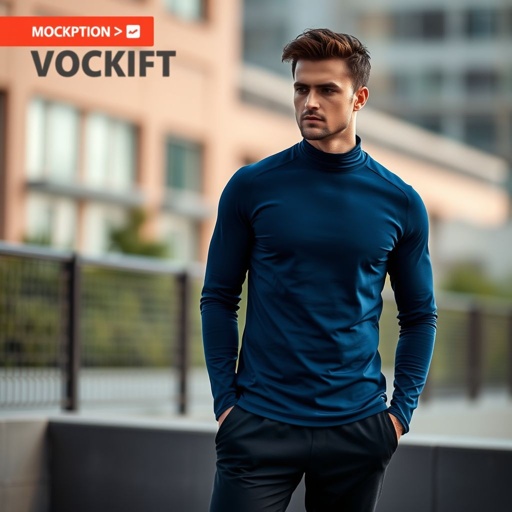 mockup design, Design a stylish crew neck mock neck shirt for an athletic line, featuring breathable, moisture-wicking fabric in a vibrant navy blue. Incorporate subtle textured patterns for added visual interest. Showcase the shirt in an urban outdoor setting, styled with sleek joggers and trendy sneakers, emphasizing a modern and active lifestyle.