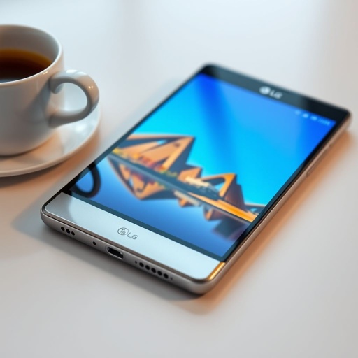 A sleek LG Lumia 950 smartphone sits elegantly on a minimalist desk. The silver aluminum body gleams under soft lighting, showcasing a vibrant 6.0-inch screen. The high-resolution display highlights vivid images captured by the 32 MP camera. Nearby, a charming cup of coffee complements the modern aesthetic of the device.