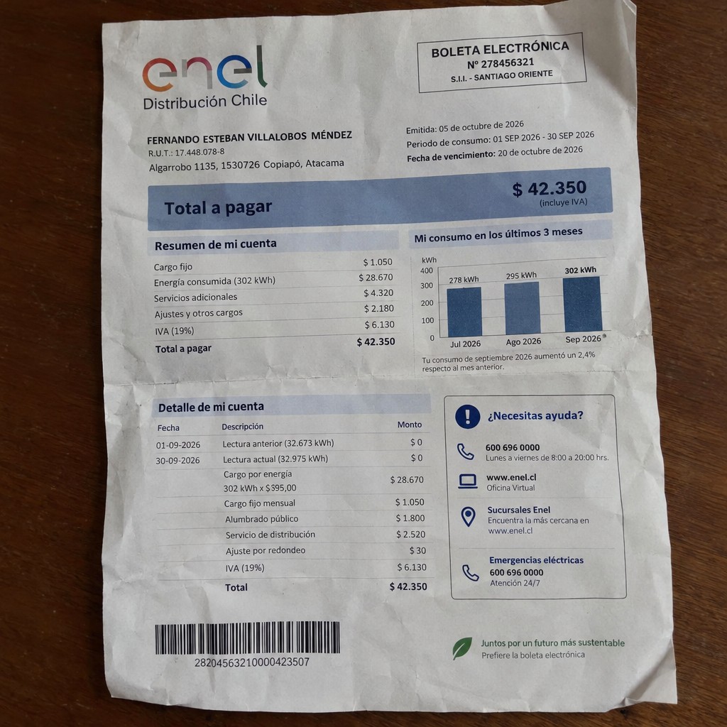 Create a statement, an electricity bill in CHILE. The A4 statement should be realistic, as if it were photographed on a phone. The document should be on a white background. The document must be for the last 3 months of October 2026. The document should contain several transactions and be wrinkled at the edges.
Name FERNANDO ESTEBAN VILLALOBOS MÉNDEZ
Address Algarrobo 1135, 1530726 Copiapó, Atacama
R.U.T. 17448078-8
Date of birth 26.01.1990