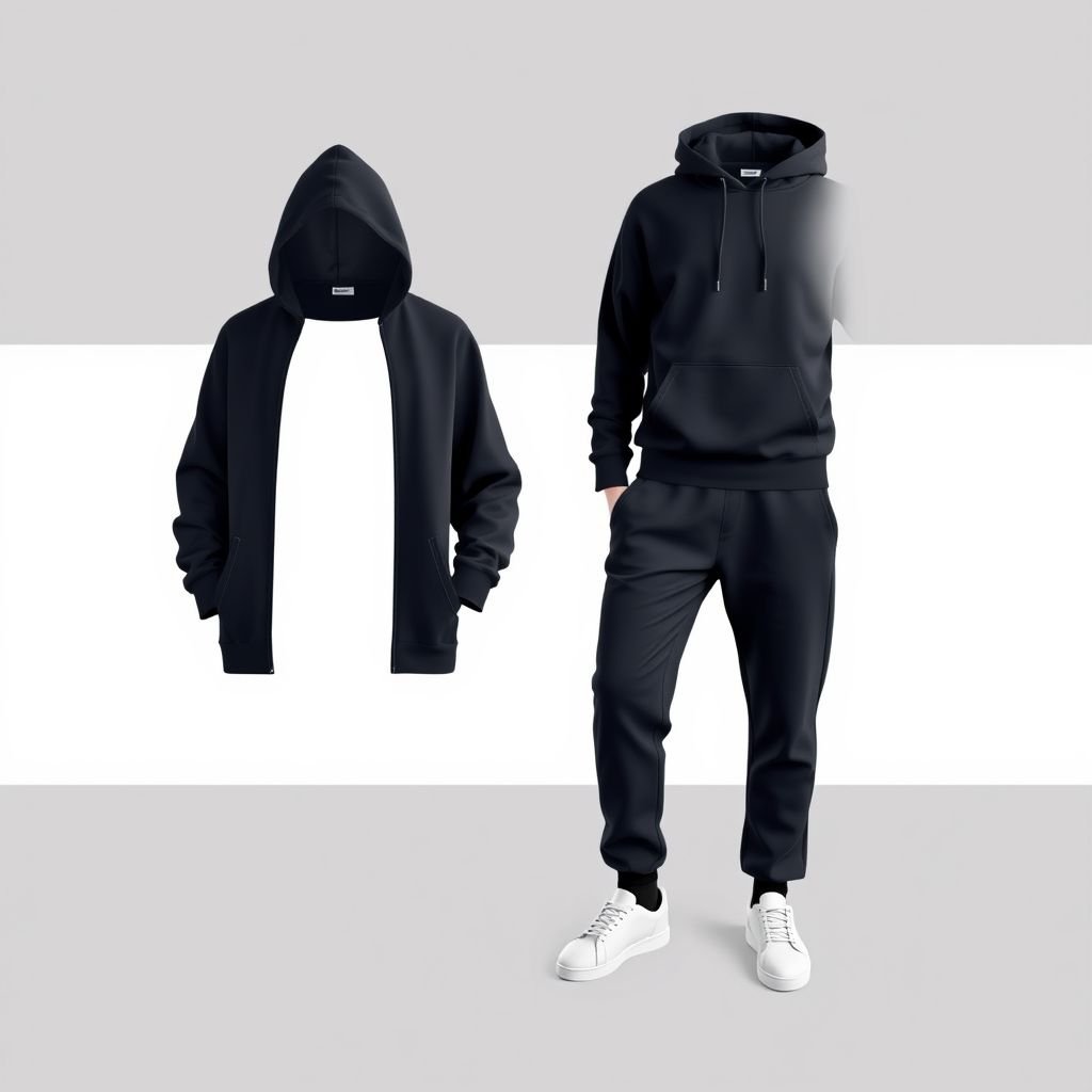 mockup design, Design a mockup of a stylish tracksuit featuring a minimalist hoodie and baggy sweatpants in a sleek, plain color, such as deep navy or charcoal grey. The hoodie should have a modern, slightly oversized fit with subtle stitching details, while the sweatpants should offer a relaxed silhouette with an elastic waistband.