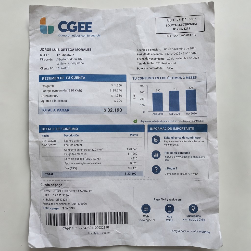 Create a statement, an electricity bill in CHILE. The A4 statement should be realistic, as if it were photographed on a phone. The document should be on a white background. The document must be for the last 3 months of October 2026. The document should contain several transactions and be wrinkled at the edges.
Name JORGE LUIS ORTEGA MORALES
Address Alberto Coddou 1370, 1710298 La Serena, Coquimbo
R.U.T. 17332362-K
Date of birth 19.10.1989