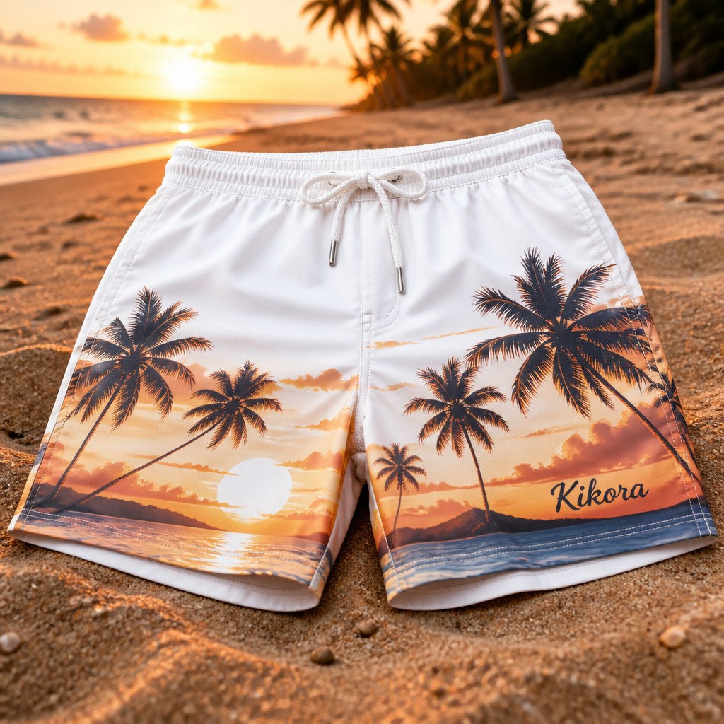 Create a realistic product mockup based on these instructions:
Design a stylish pair of men's swim shorts in a pristine white, showcasing a vibrant sunset scene with playful palm trees swaying gently in the breeze. Incorporate the brand name "Kikora" in a chic, modern font, elegantly positioned near the hem, blending seamlessly with the tropical theme for a fresh summer vibe.
Create a professional, photorealistic mockup scene. If the instructions mention a design,
artwork, logo, print or graphic, invent an original, fitting design and integrate it onto the
product realistically with proper perspective, lighting and material texture. Only show a clean,
undecorated product if the instructions explicitly ask for a blank or plain product.