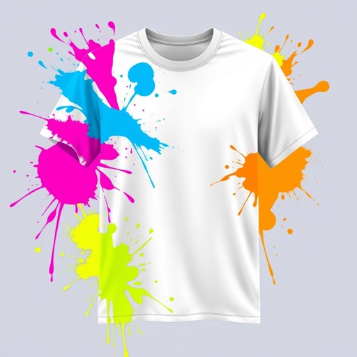mockup design, Create a vibrant mockup design featuring a white T-shirt adorned with splashes of neon paint in various colors, such as electric blue, hot pink, and lime green. The paint splatters should exhibit dynamic movement, suggesting creativity and energy. Include a simple background to enhance the shirt's pop art appeal.