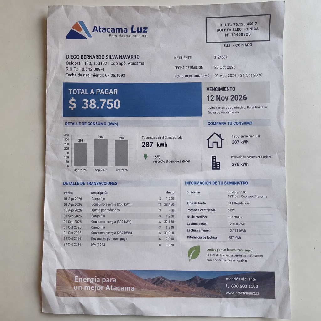 Create a statement, an electricity bill in CHILE. The A4 statement should be realistic, as if it were photographed on a phone. The document should be on a white background. The document must be for the last 3 months of October 2026. The document should contain several transactions and be wrinkled at the edges.
Name DIEGO BERNARDO SILVA NAVARRO
Address Quidora 1180, 1531021 Copiapó, Atacama
R.U.T. 18542009-4
Date of birth 07.06.1993