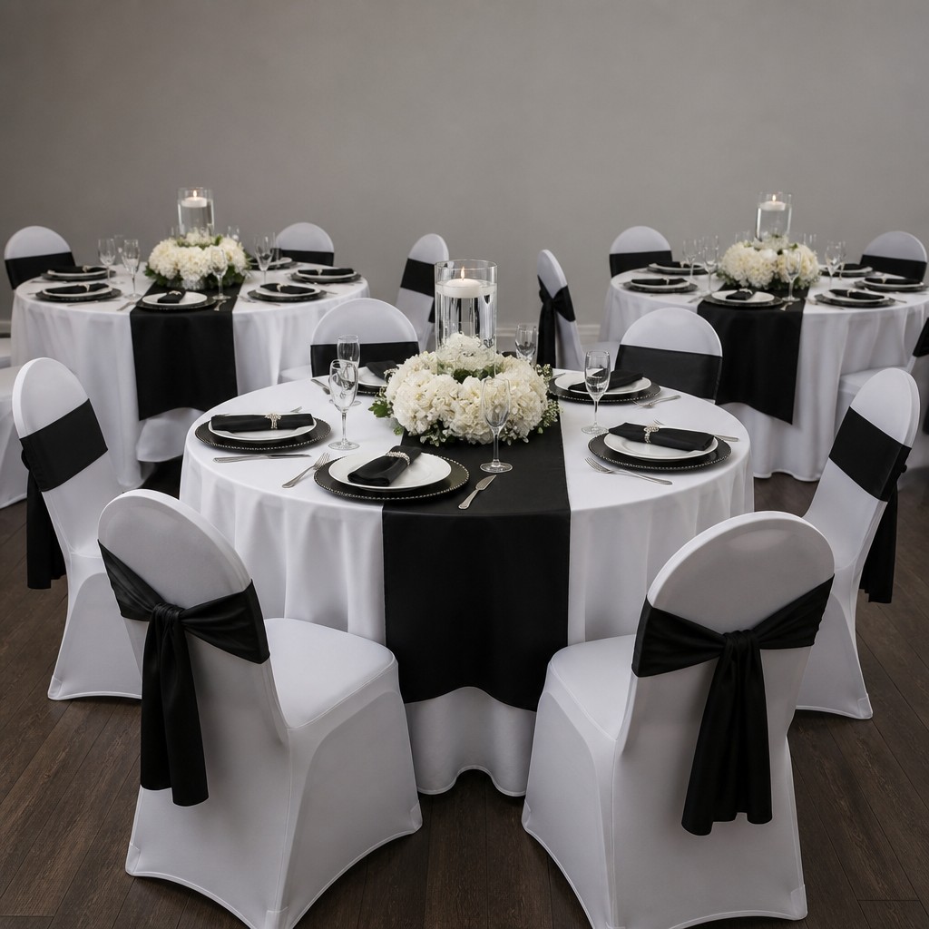 Photorealistic product mockup of a table, professional studio lighting, clean modern scene four round tables white table cloth with black table runner and white chair cover with black sashes white flowers and black charger plate with a white dinner in side and black napkins and cylinder table arrangement with white flowers around it