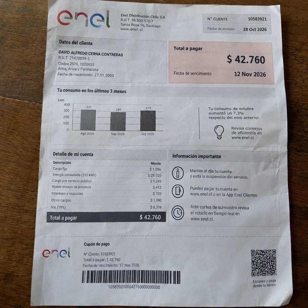 Create a statement, an electricity bill in CHILE. The A4 statement should be realistic, as if it were photographed on a phone. The document should be on a white background. The document must be for the last 3 months of October 2026. The document should contain several transactions and be wrinkled at the edges.
Name DAVID ALFREDO CERNA CONTRERAS
Address Codpa 2516, 1020655 Arica, Arica y Parinacota
R.U.T. 21470039-5
Date of birth 27.11.2003